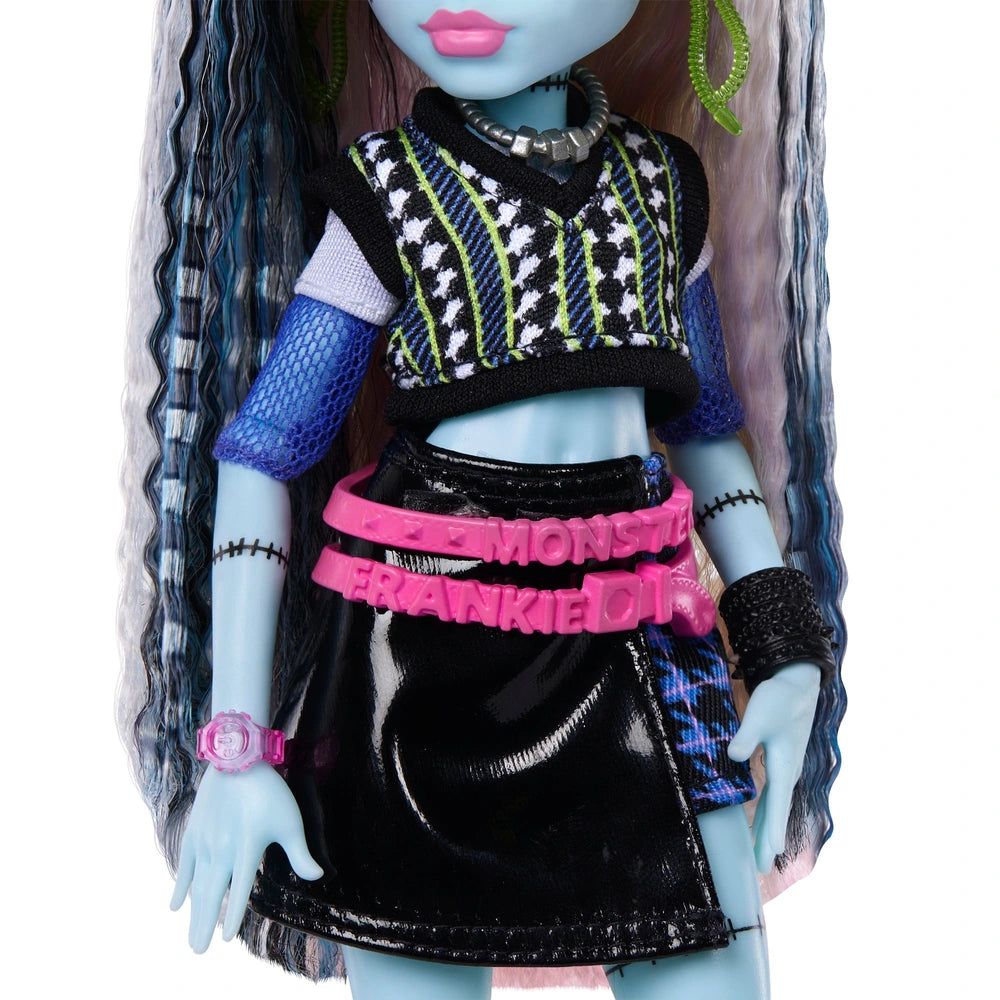 Monster High Frankie Stein Fashion Doll In Black Pleather Skirt With Pet Watzie And 7 Accessories