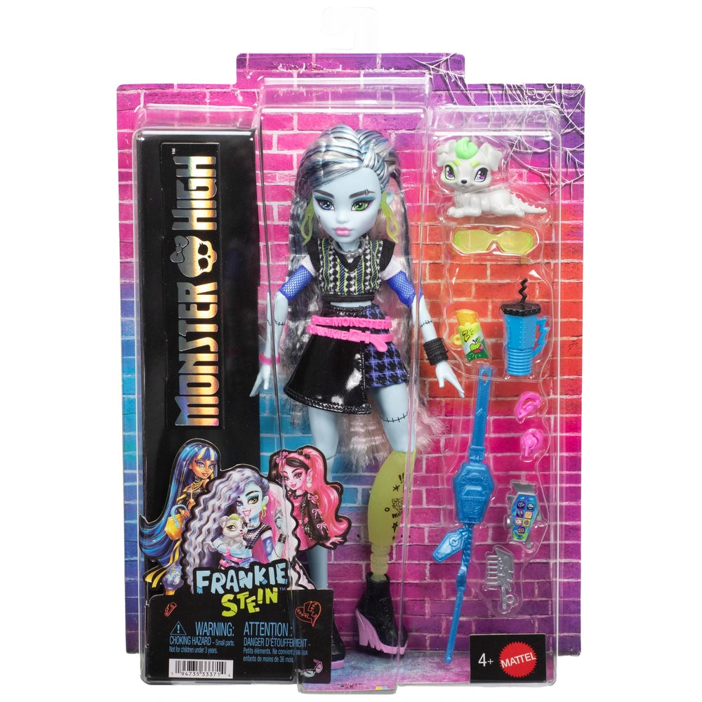 Monster High Frankie Stein Fashion Doll In Black Pleather Skirt With Pet Watzie And 7 Accessories