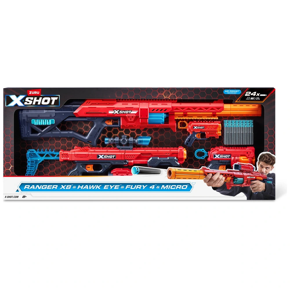 Xshot By Zuru Excel Ranger X8, Hawk Eye, Fury 4 & Micro Blasters With 24 Darts 4 Pack