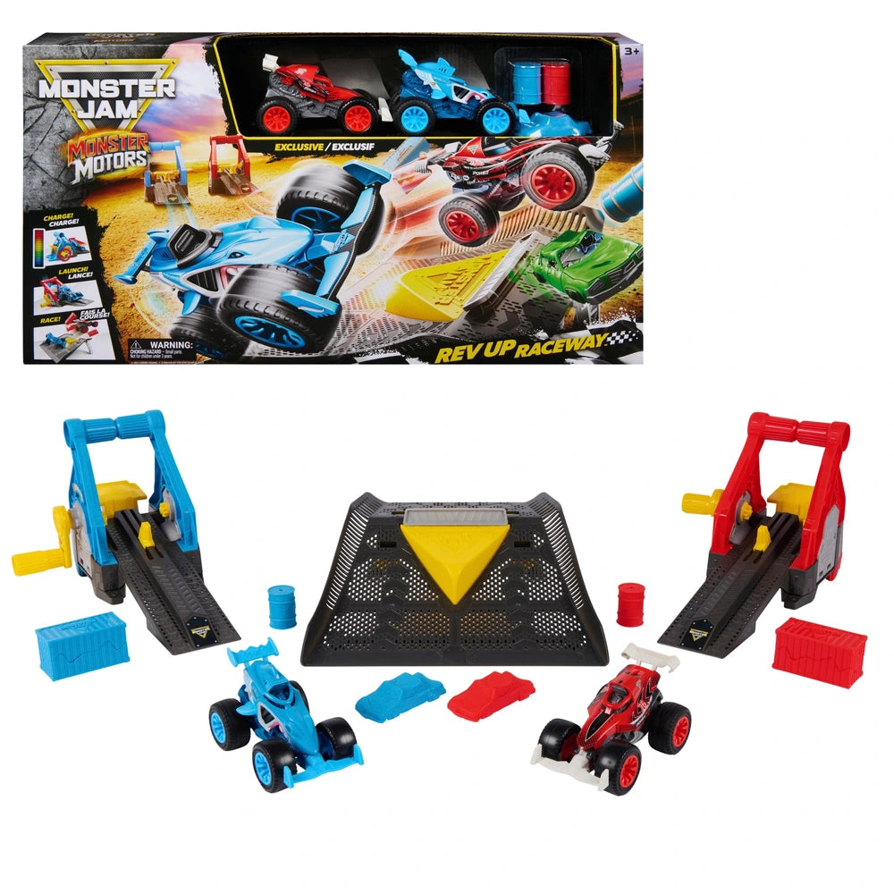 Monster Jam Monster Motors Rev Up Raceway Playset With 2 Exclusive Monster Trucks, Megalodon & Power Rush