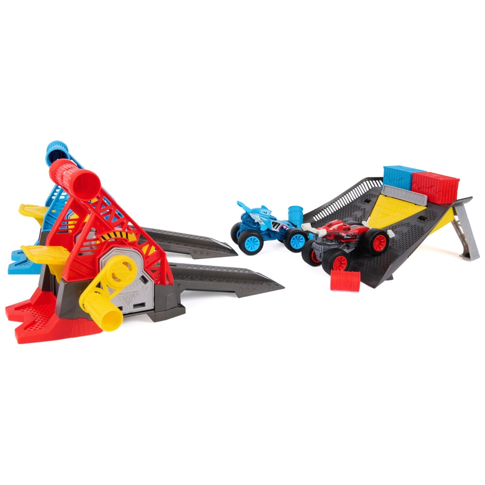 Monster Jam Monster Motors Rev Up Raceway Playset With 2 Exclusive Monster Trucks, Megalodon & Power Rush