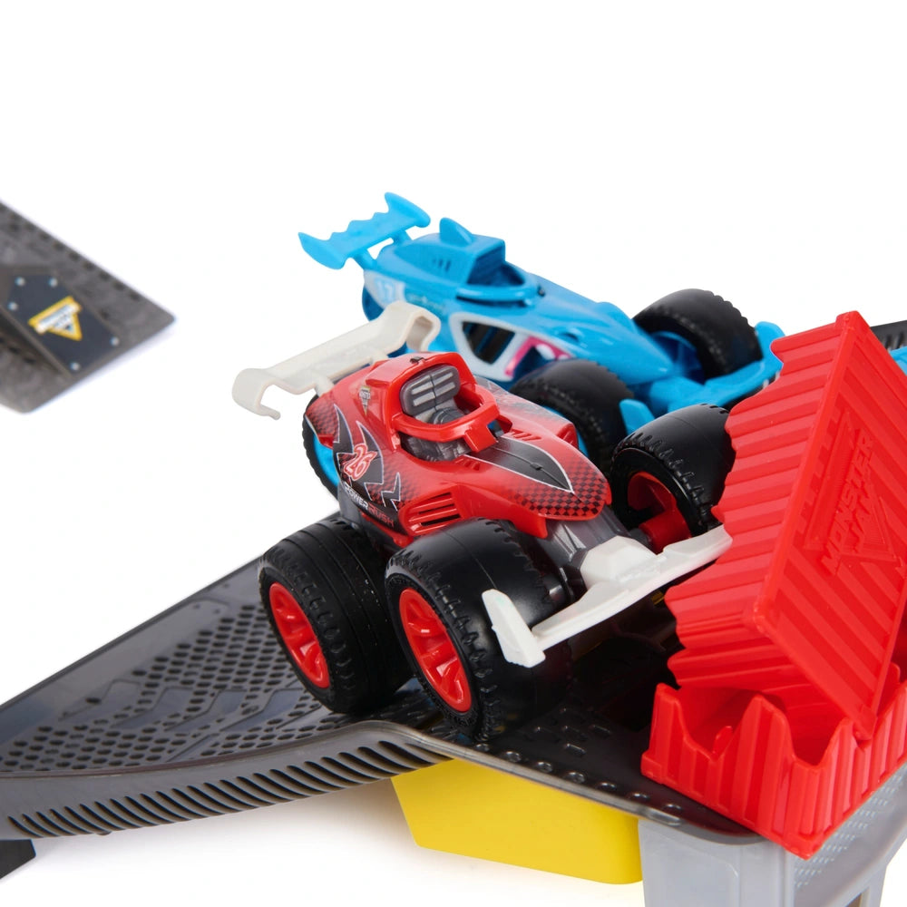 Monster Jam Monster Motors Rev Up Raceway Playset With 2 Exclusive Monster Trucks, Megalodon & Power Rush