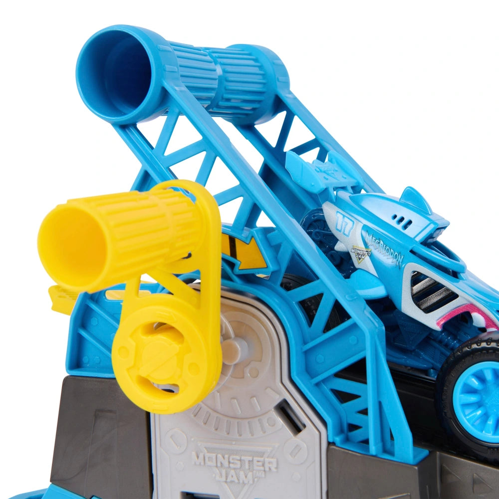 Monster Jam Monster Motors Rev Up Raceway Playset With 2 Exclusive Monster Trucks, Megalodon & Power Rush