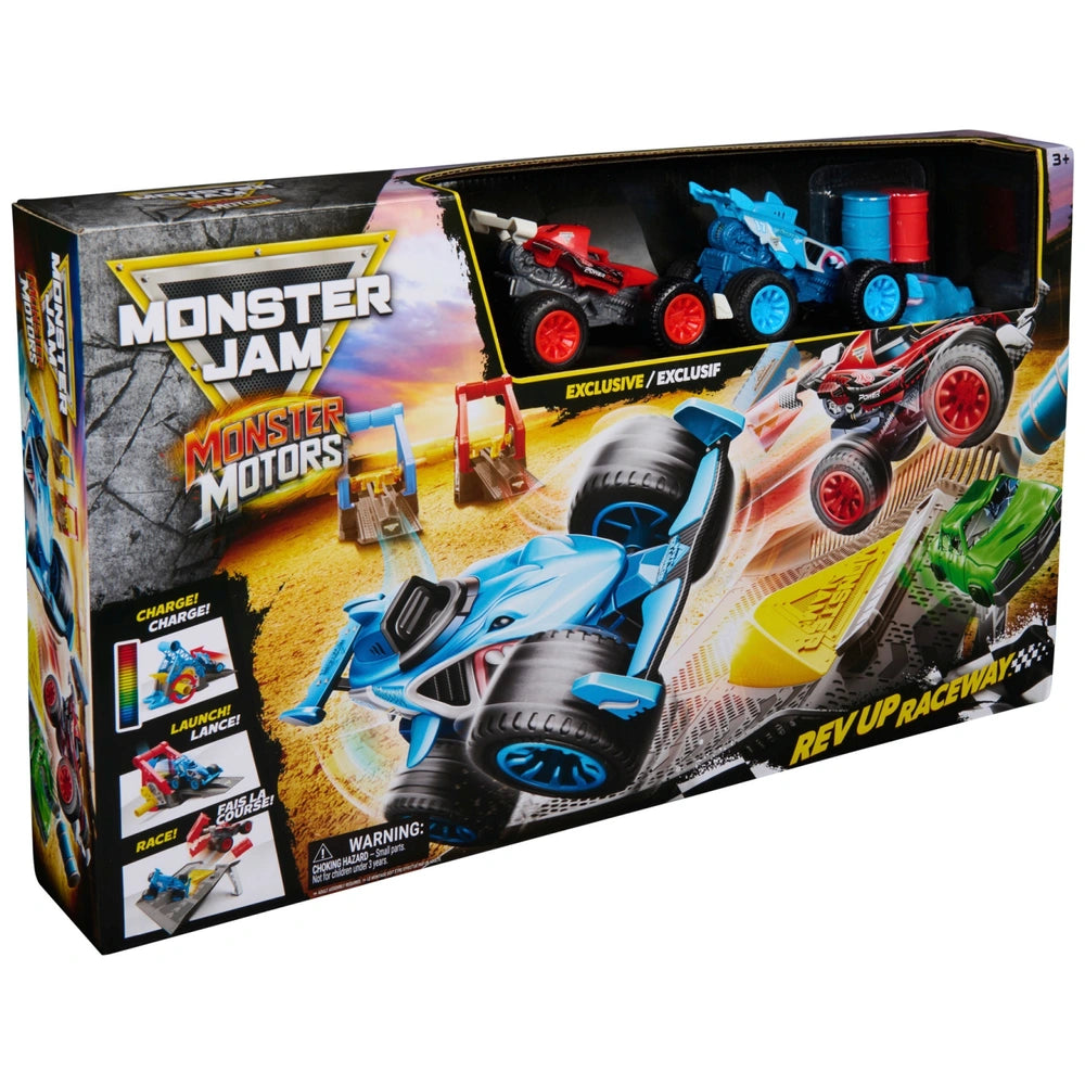 Monster Jam Monster Motors Rev Up Raceway Playset With 2 Exclusive Monster Trucks, Megalodon & Power Rush