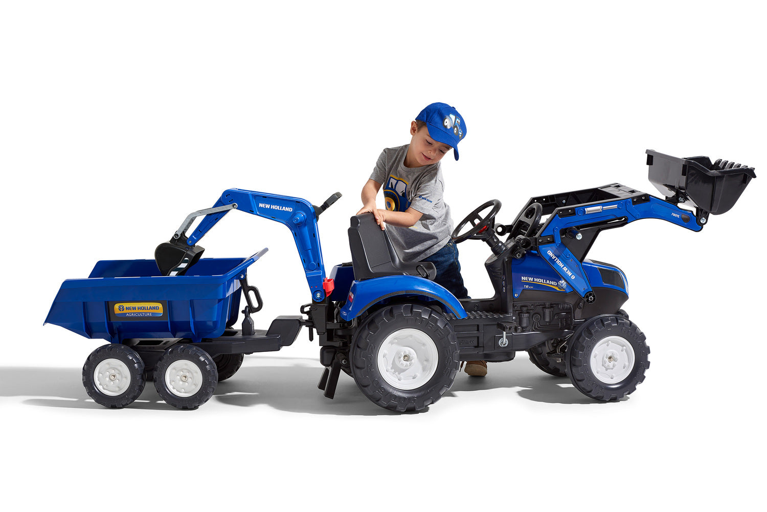 New Holland T8 Tractor With Front Loader, Backhoe & Trailer