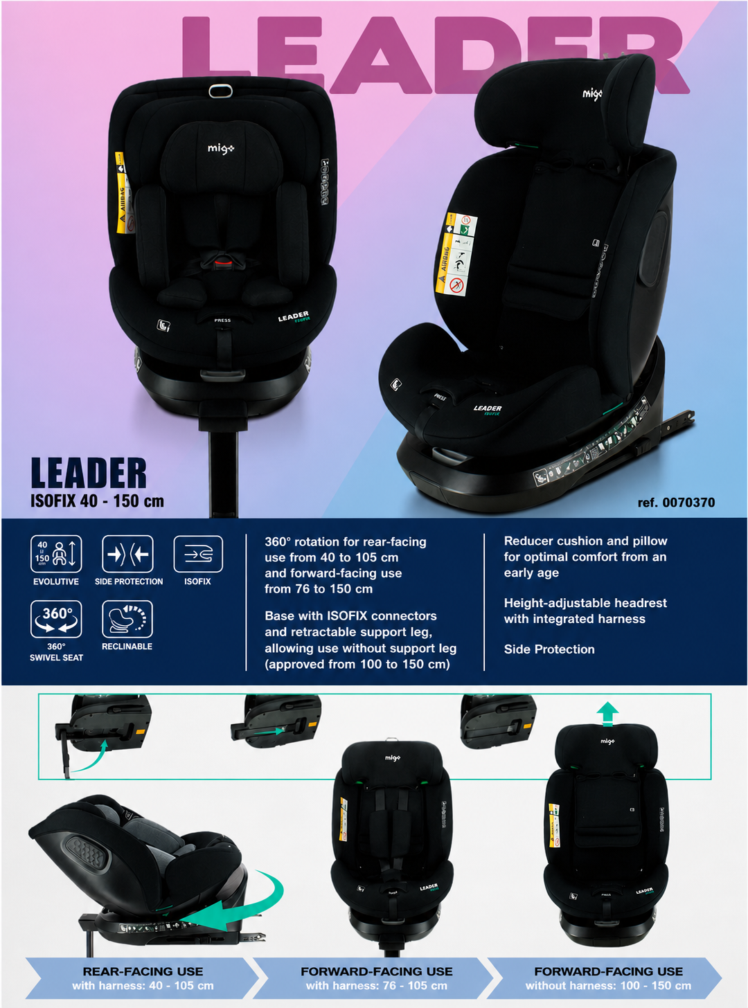Migo Leader 360 Degrees Swivel I-Size Car Seat (40-150 Cm) – Isofix & Rotating