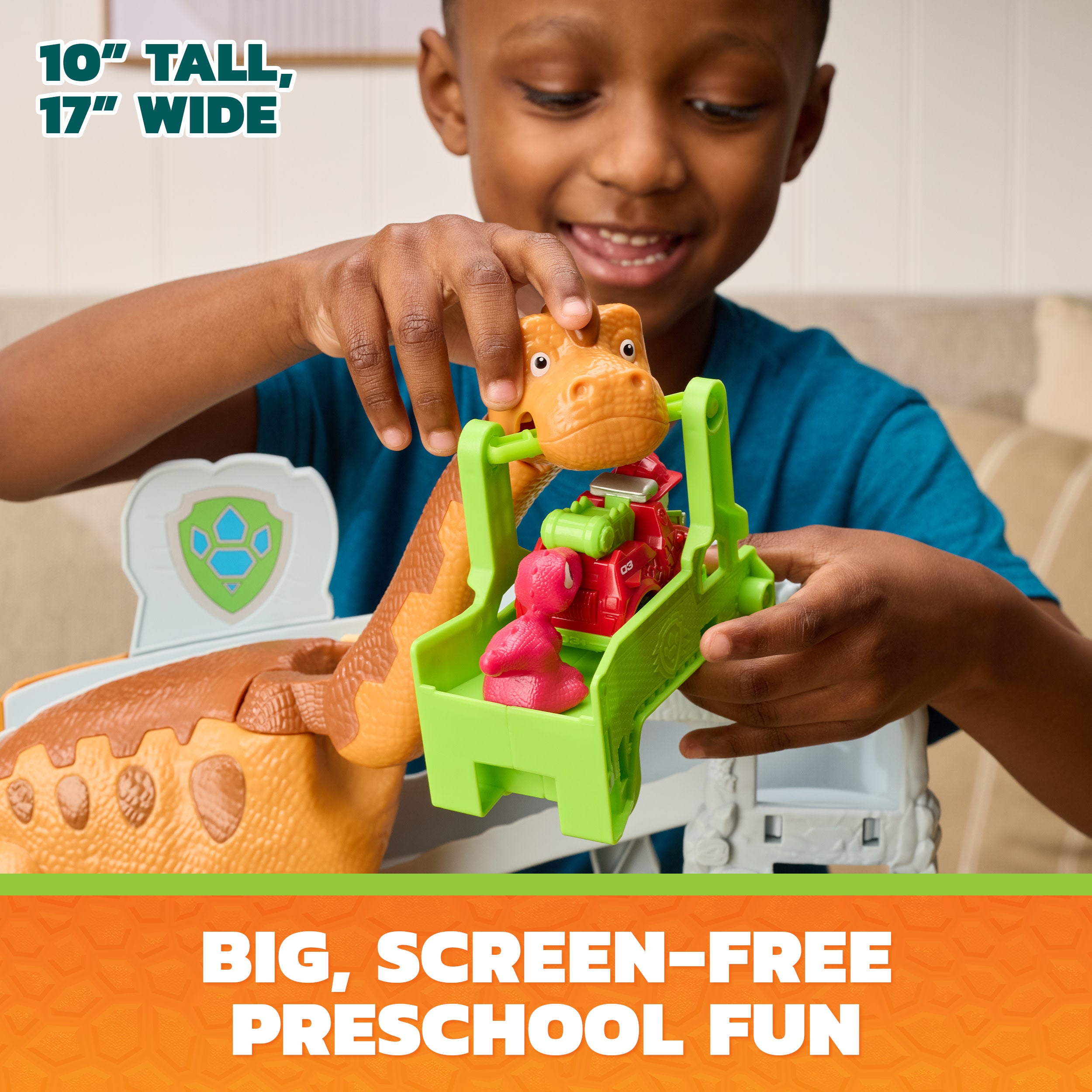 Paw Patrol: The Dino Movie, Lift And Race Dino Playset With 25,4 Cm Brachiosaurus, Marshall Pup Squad Racer And Rhubarb Action Figure