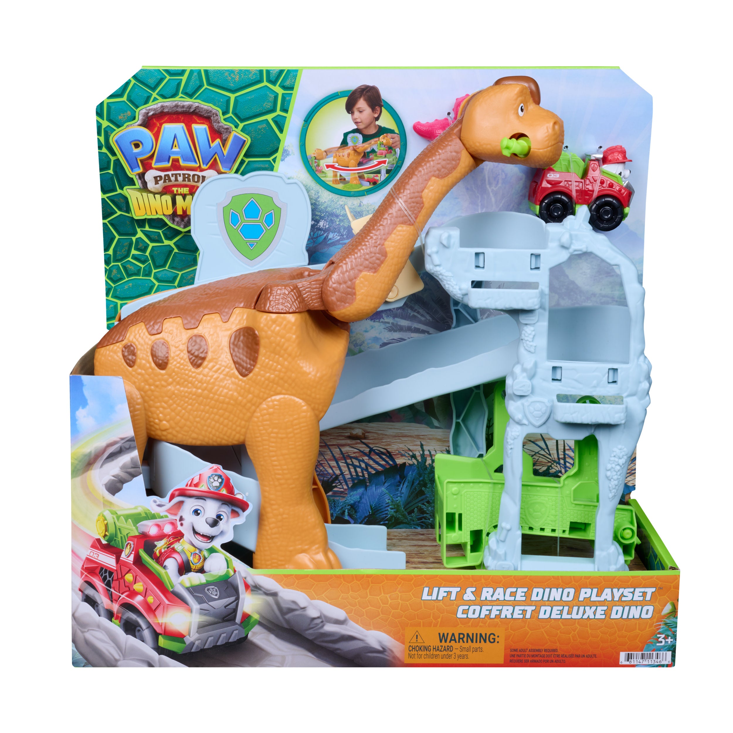 Paw Patrol: The Dino Movie, Lift And Race Dino Playset With 25,4 Cm Brachiosaurus, Marshall Pup Squad Racer And Rhubarb Action Figure