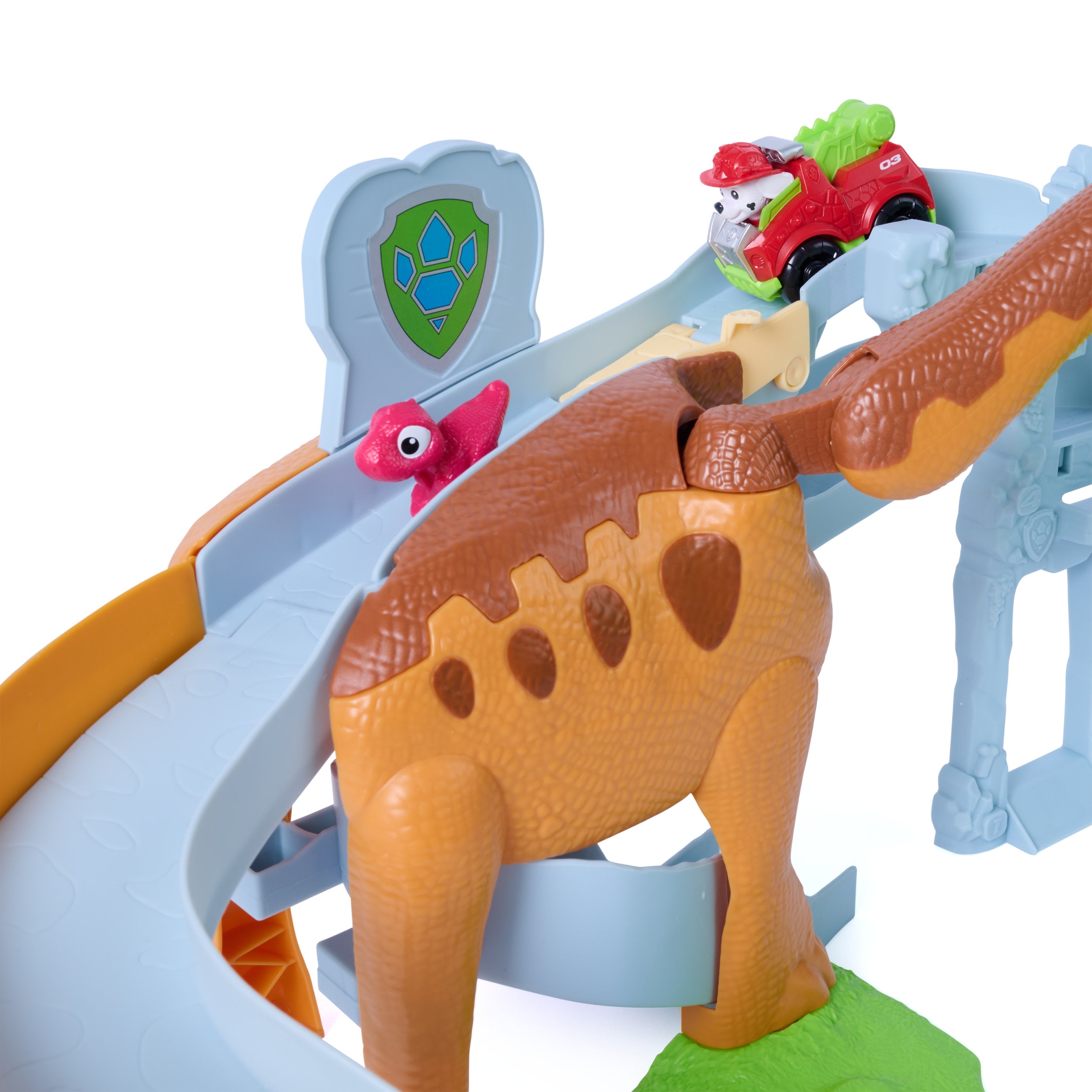 Paw Patrol: The Dino Movie, Lift And Race Dino Playset With 25,4 Cm Brachiosaurus, Marshall Pup Squad Racer And Rhubarb Action Figure
