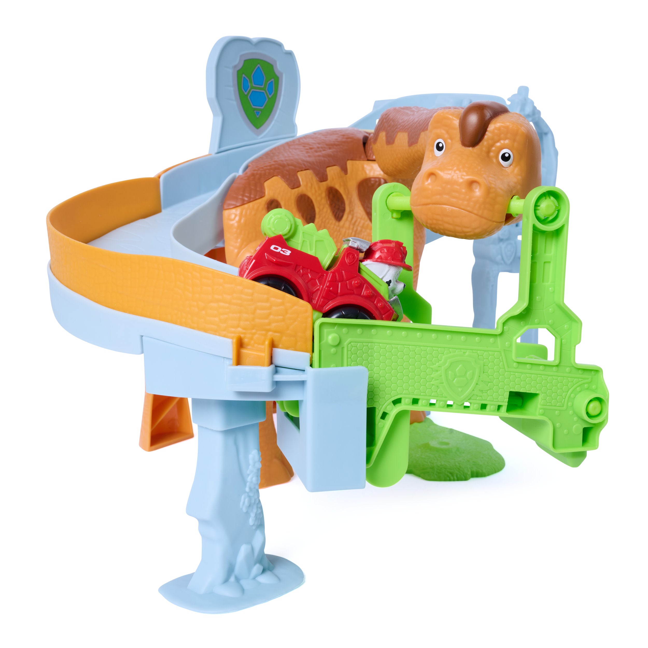 Paw Patrol: The Dino Movie, Lift And Race Dino Playset With 25,4 Cm Brachiosaurus, Marshall Pup Squad Racer And Rhubarb Action Figure