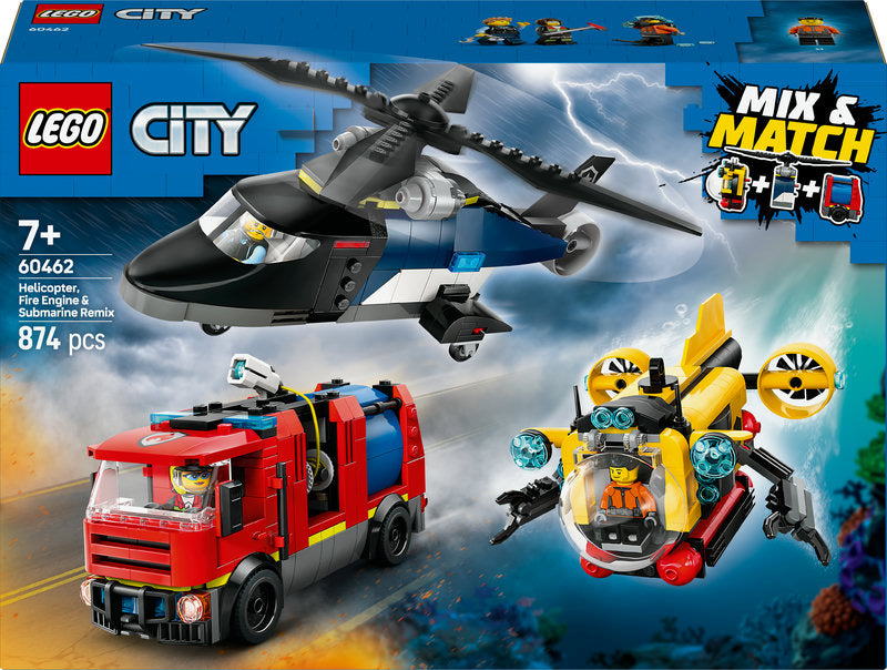 Lego® City Helicopter, Fire Engine & Submarine Remix Toy Building Set 60462