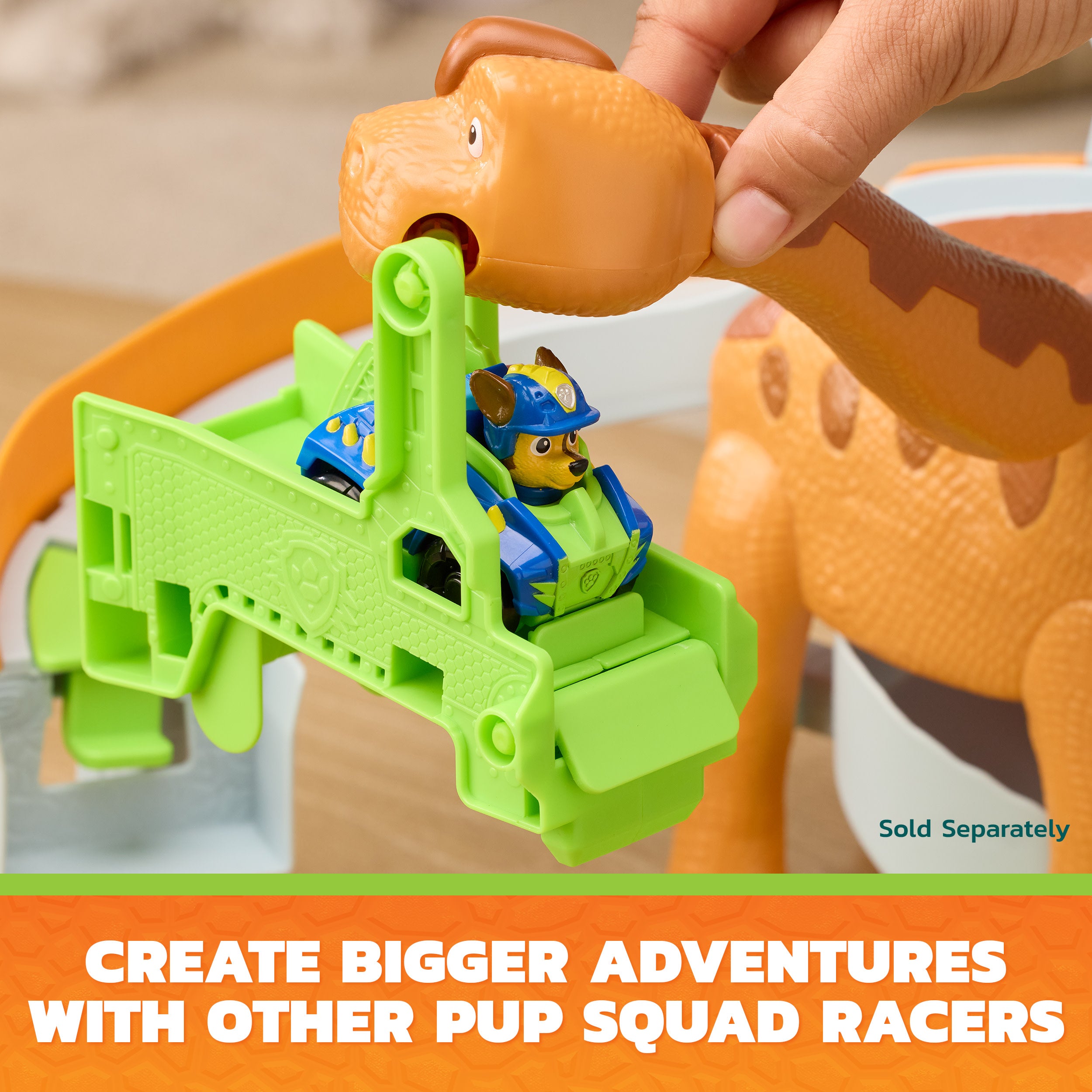 Paw Patrol: The Dino Movie, Lift And Race Dino Playset With 25,4 Cm Brachiosaurus, Marshall Pup Squad Racer And Rhubarb Action Figure