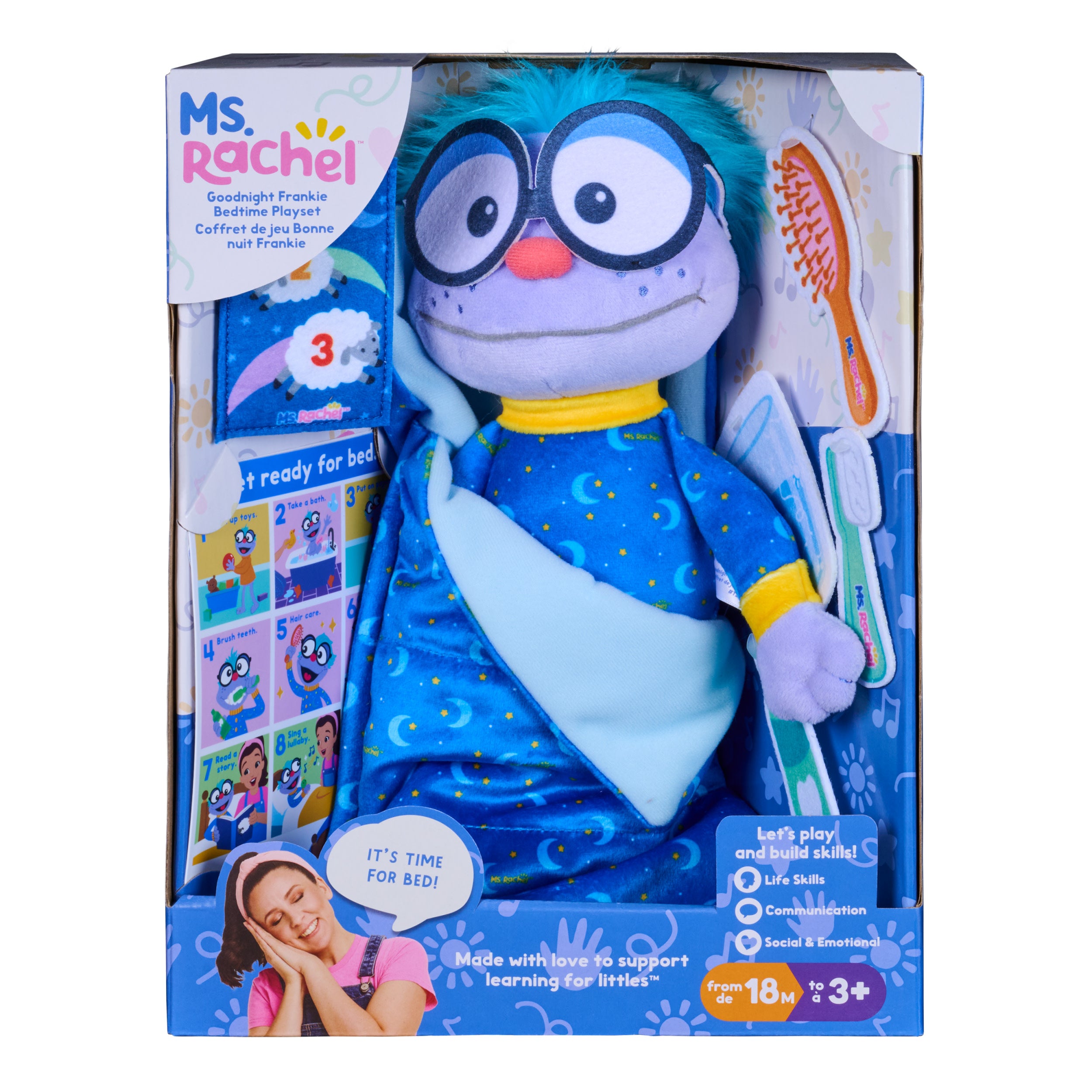 Ms. Rachel Goodnight Frankie Bedtime Playset, 11” Plush With Sleeping Bag & Accessories