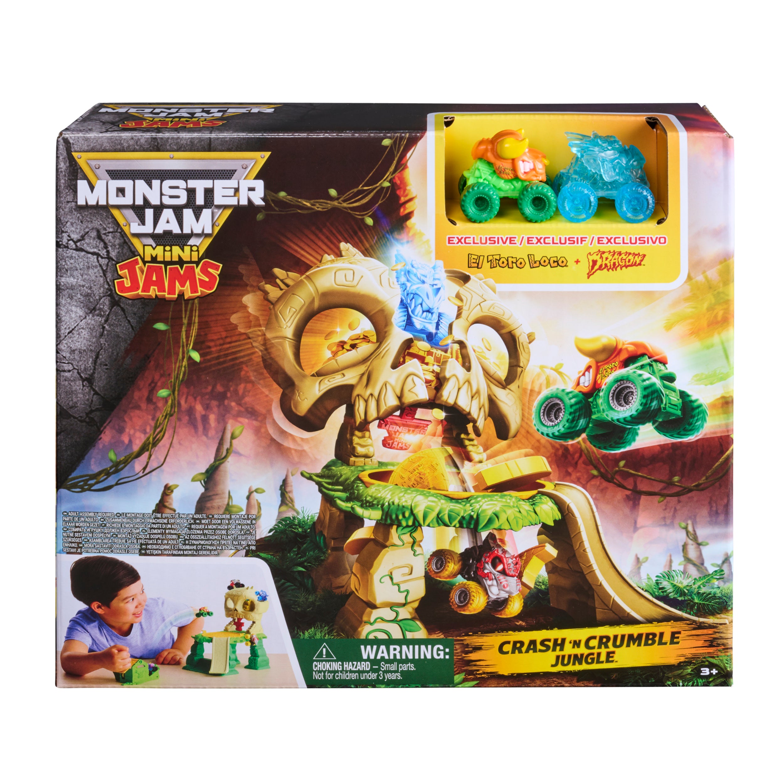 Monster Jam Mini Jams, Crash & Crumble Skull Escape Playset , 2 Exclusive Die-Cast El Toro Loco And Dragon Monster Trucks