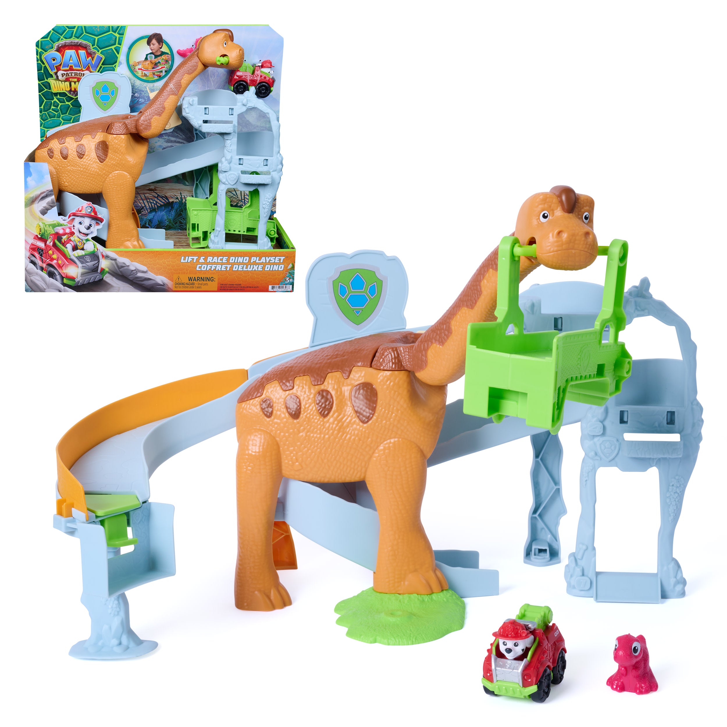 Paw Patrol: The Dino Movie, Lift And Race Dino Playset With 25,4 Cm Brachiosaurus, Marshall Pup Squad Racer And Rhubarb Action Figure
