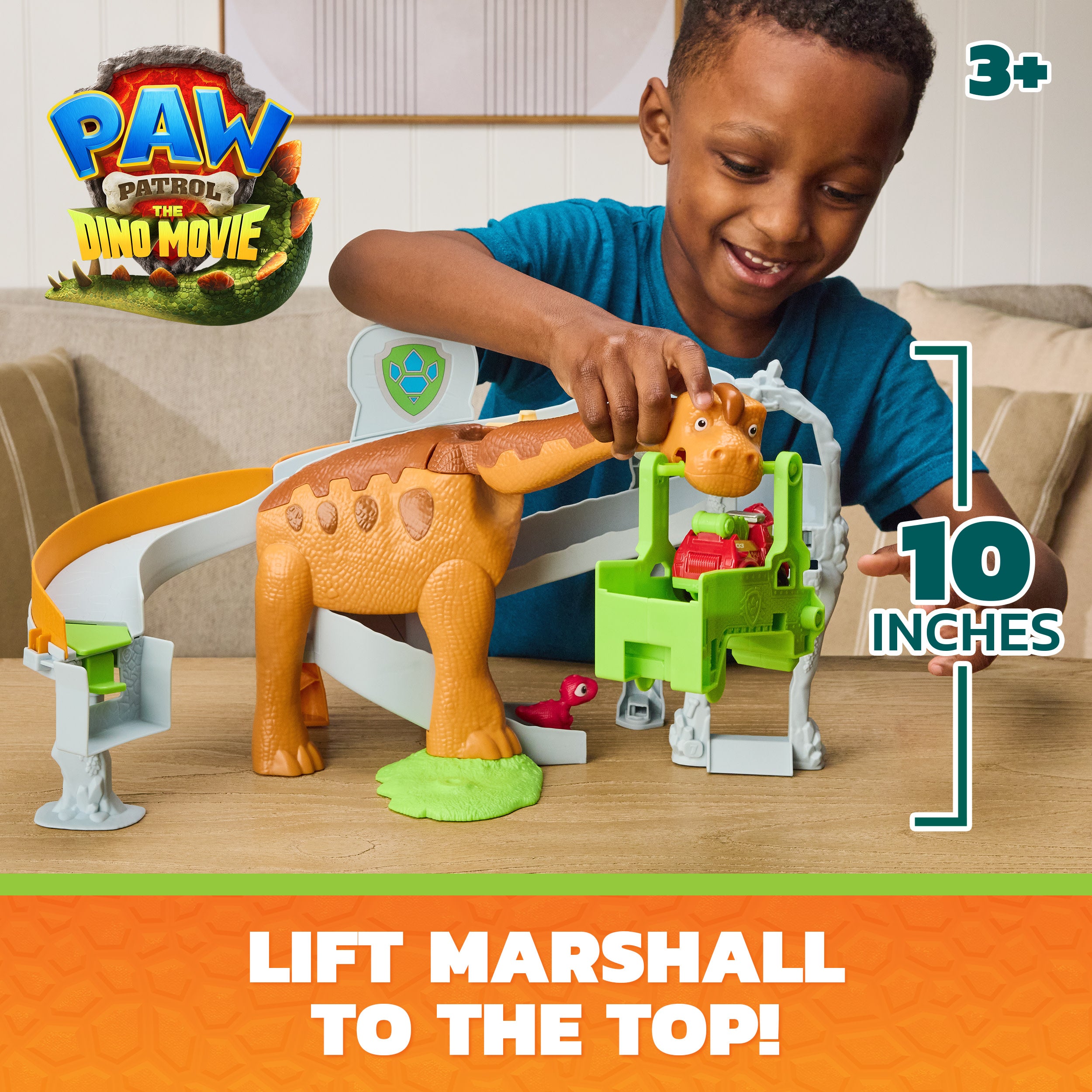 Paw Patrol: The Dino Movie, Lift And Race Dino Playset With 25,4 Cm Brachiosaurus, Marshall Pup Squad Racer And Rhubarb Action Figure