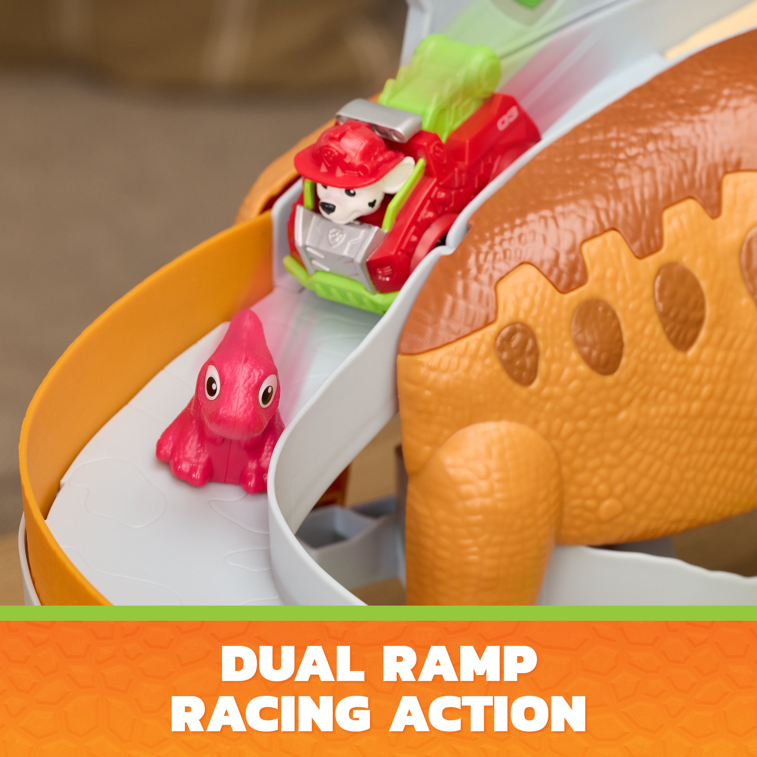 Paw Patrol: The Dino Movie, Lift And Race Dino Playset With 25,4 Cm Brachiosaurus, Marshall Pup Squad Racer And Rhubarb Action Figure