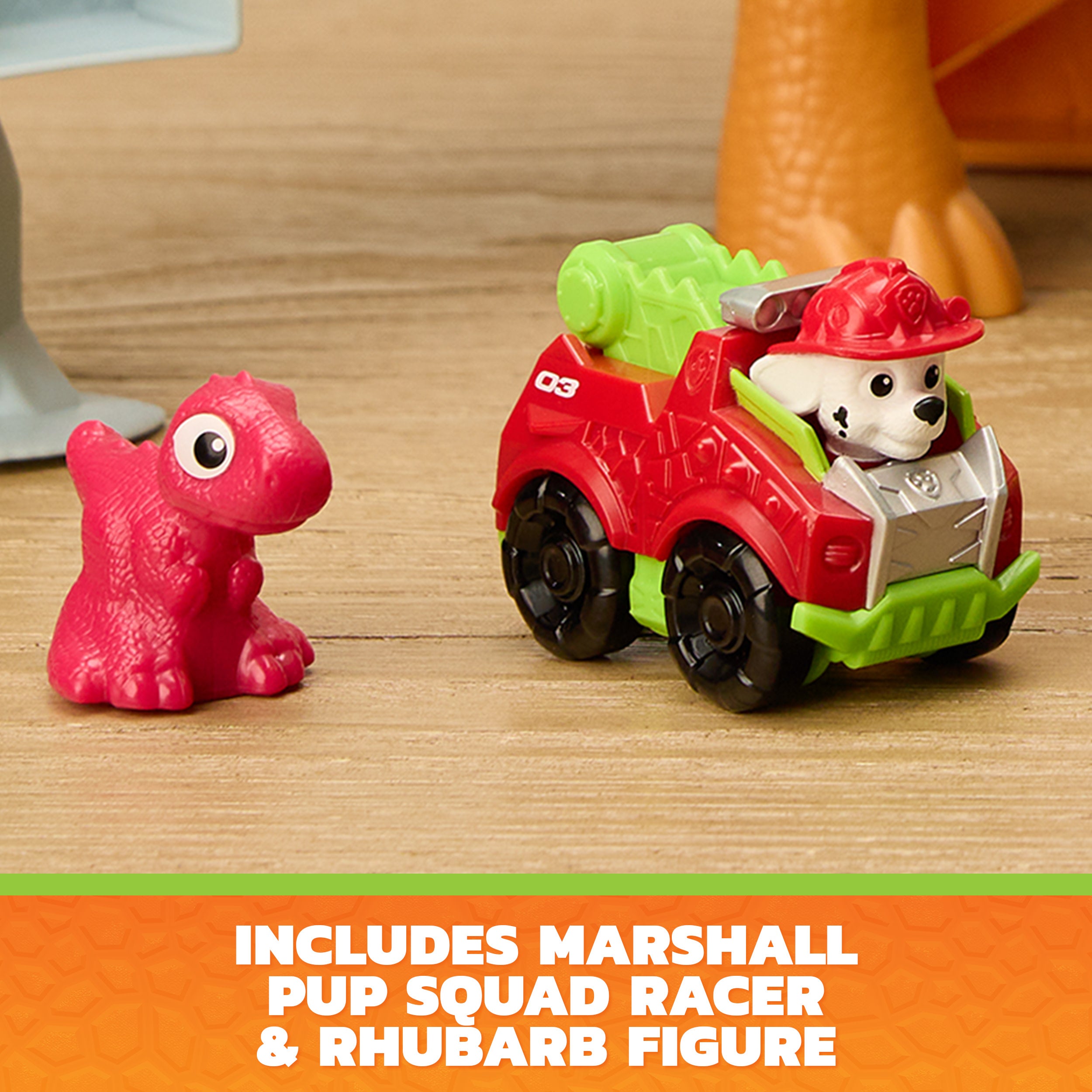 Paw Patrol: The Dino Movie, Lift And Race Dino Playset With 25,4 Cm Brachiosaurus, Marshall Pup Squad Racer And Rhubarb Action Figure