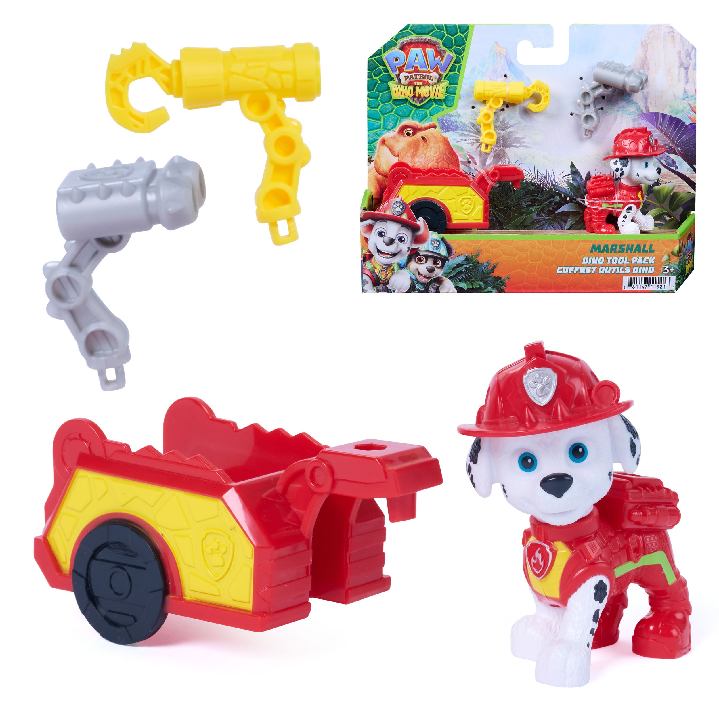 Paw Patrol: The Dino Movie, Marshall Dino Tool Pack, 6,3 Cm Action Figure With Attachable Rescue Trailer And 2 Interchangeable Tools
