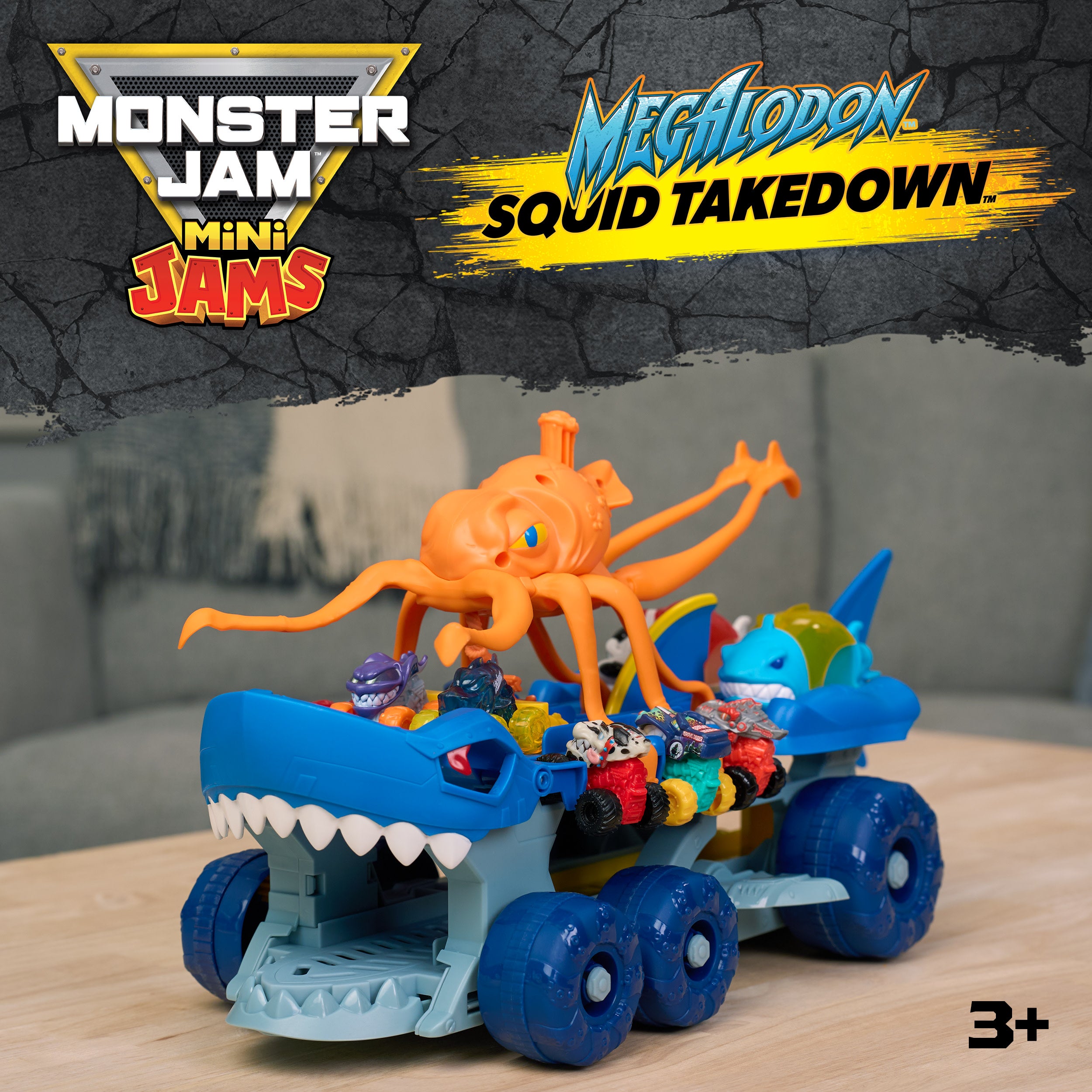 Monster Jam Mini Jams Megalodon Squid Takedown Playset With 2 Exclusive Mini Monster Trucks, Megalodon & Monster Manta