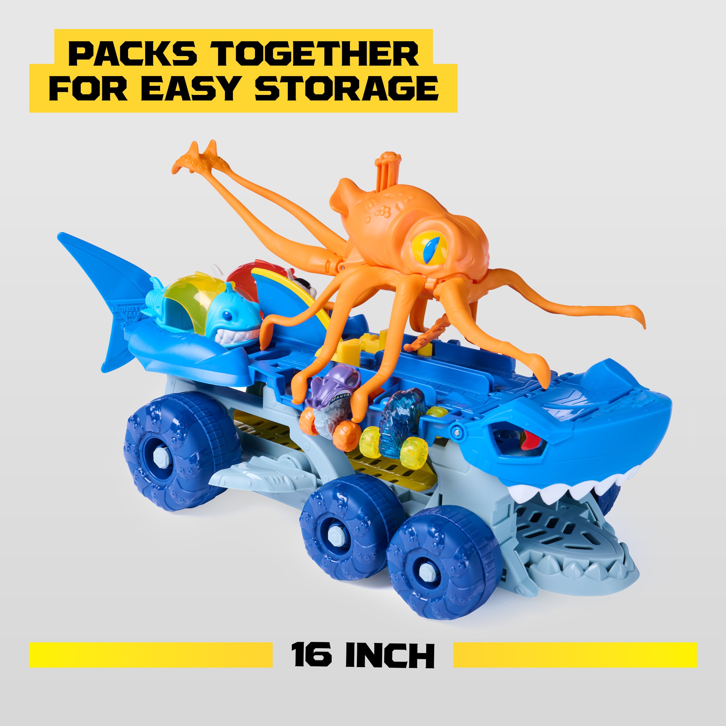 Monster Jam Mini Jams Megalodon Squid Takedown Playset With 2 Exclusive Mini Monster Trucks, Megalodon & Monster Manta