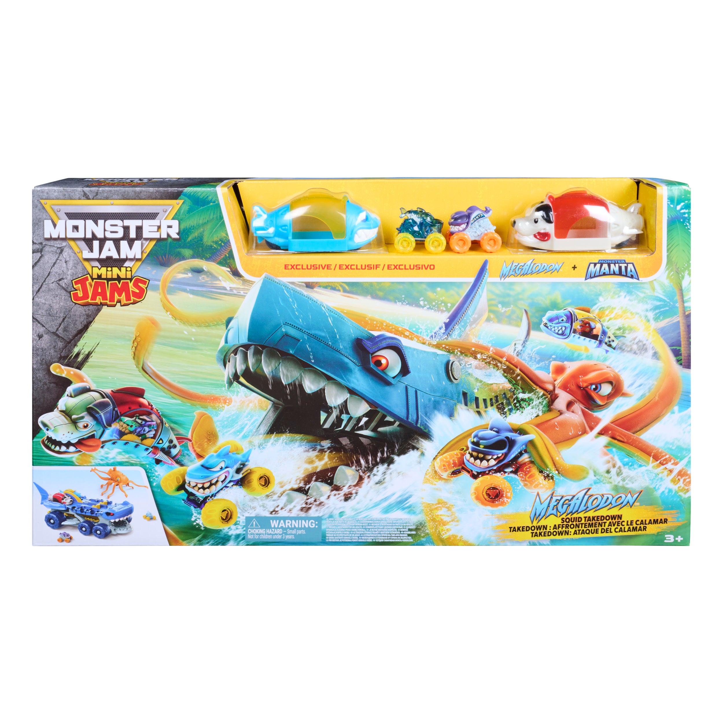 Monster Jam Mini Jams Megalodon Squid Takedown Playset With 2 Exclusive Mini Monster Trucks, Megalodon & Monster Manta