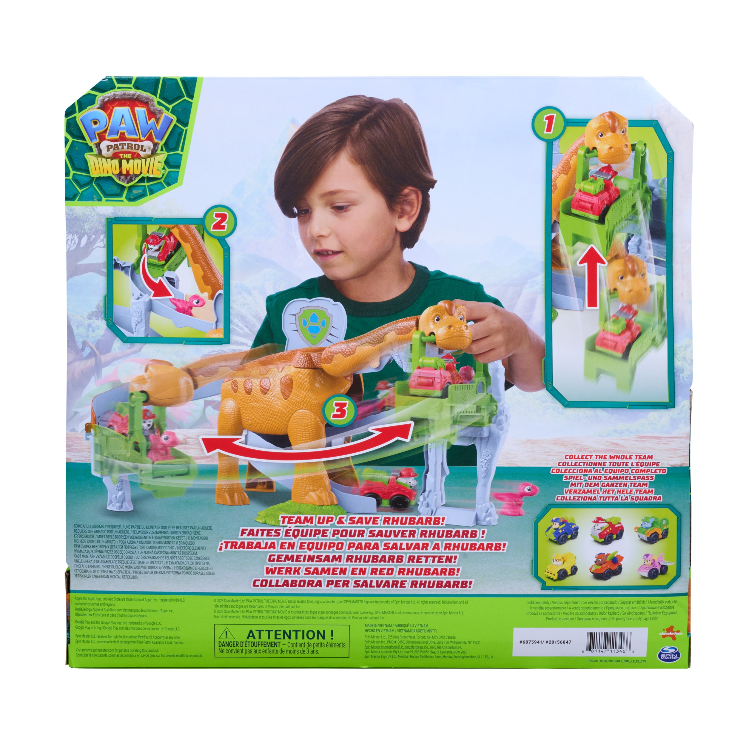 Paw Patrol: The Dino Movie, Lift And Race Dino Playset With 25,4 Cm Brachiosaurus, Marshall Pup Squad Racer And Rhubarb Action Figure