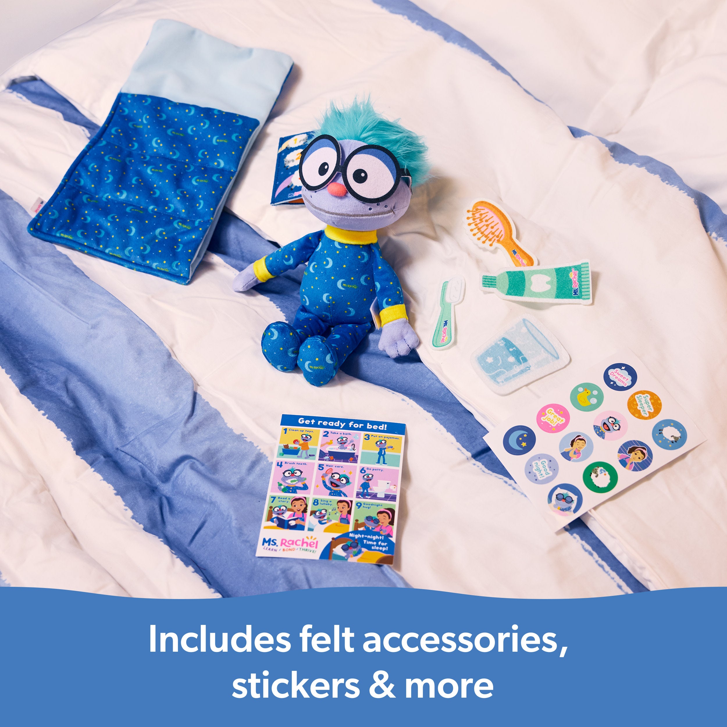 Ms. Rachel Goodnight Frankie Bedtime Playset, 11” Plush With Sleeping Bag & Accessories