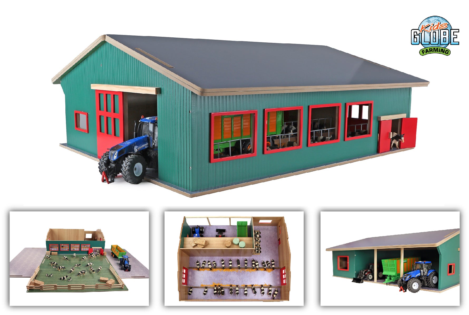 Kids Globe 1:32 Cattle And Machinery Wooden Playshed With Pasture & Removable Roof Panels