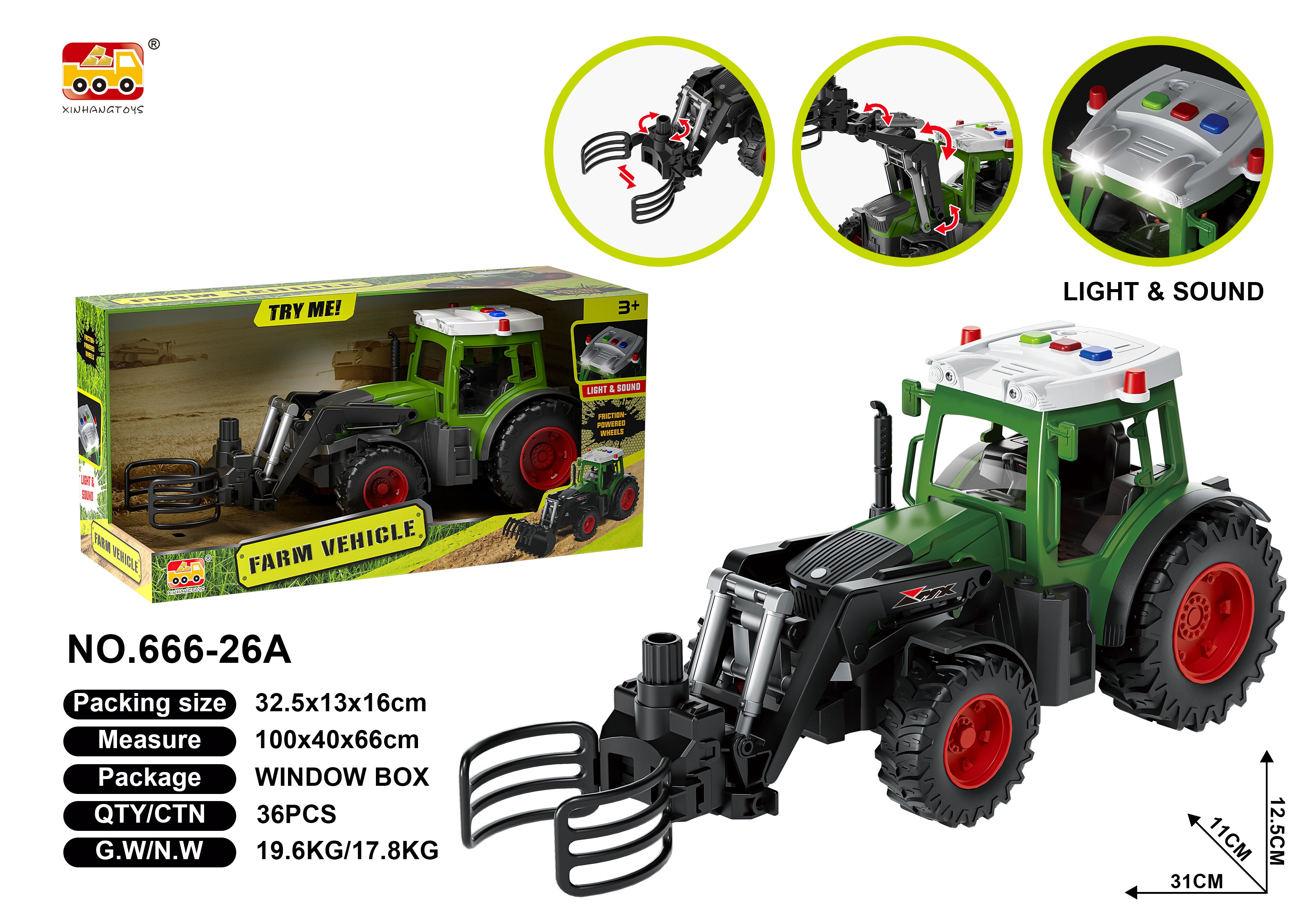 Lights & Sounds Bale Grab Tractor With Friction Powered Wheels