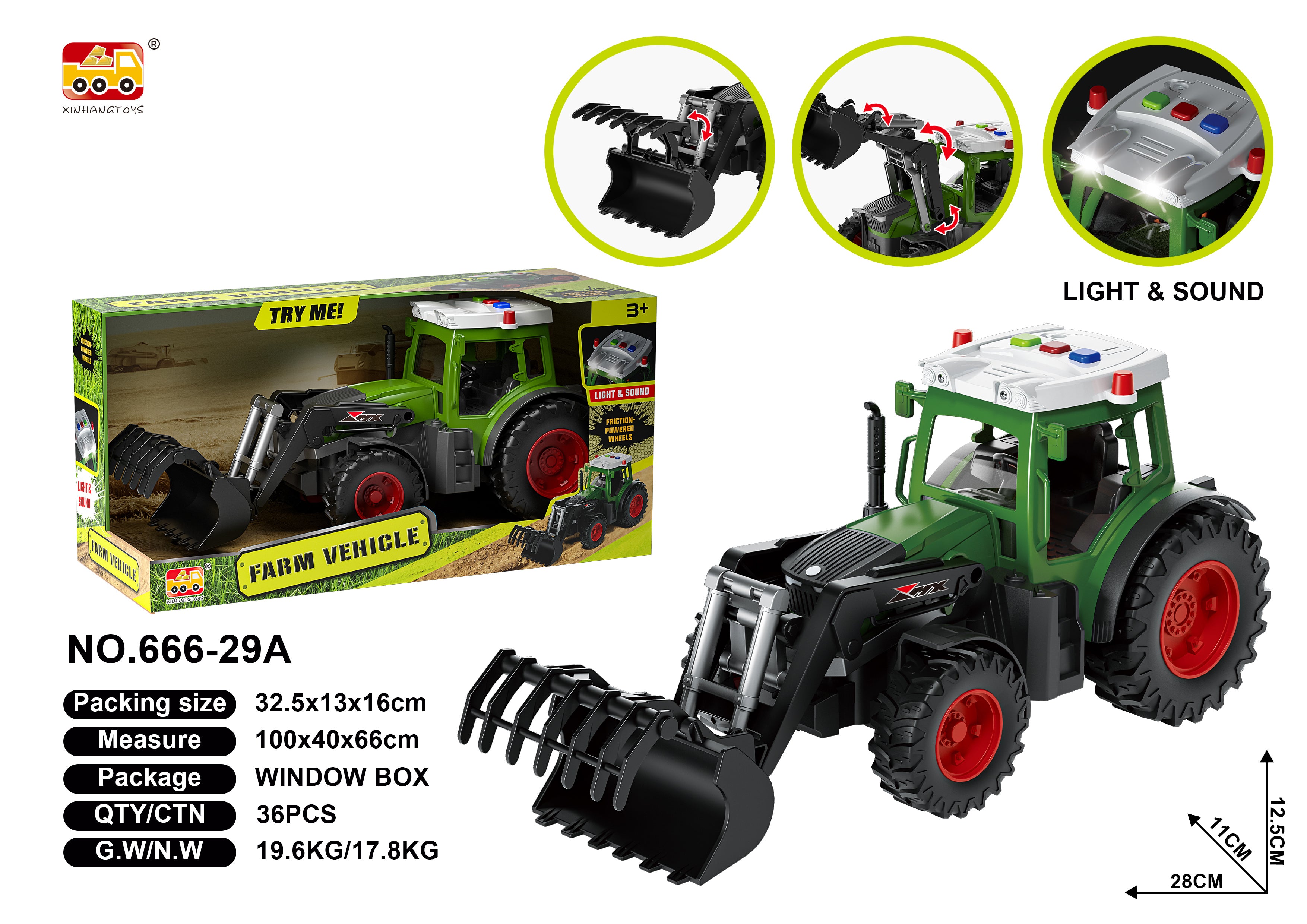 Lights & Sounds Front Grab Tractor With Friction Powered Wheels