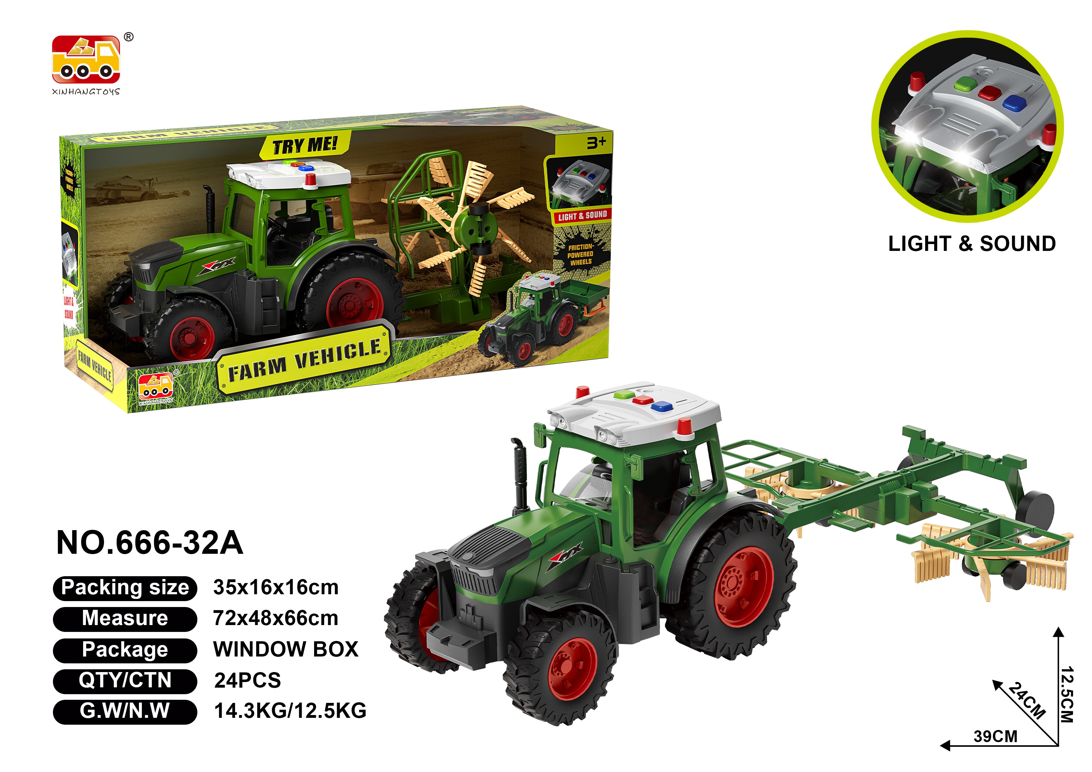 Lights & Sounds Tractor With Hay Turn And Friction Powered Wheels