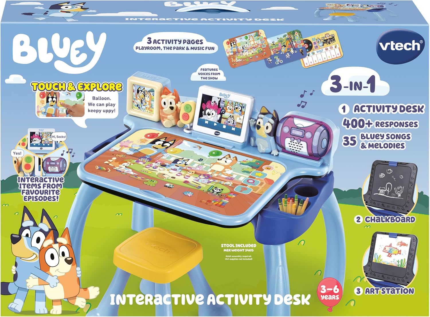 Vtech Official Bluey 3-In-1 Interactive Activity Desk With Chalkboard And Art Station