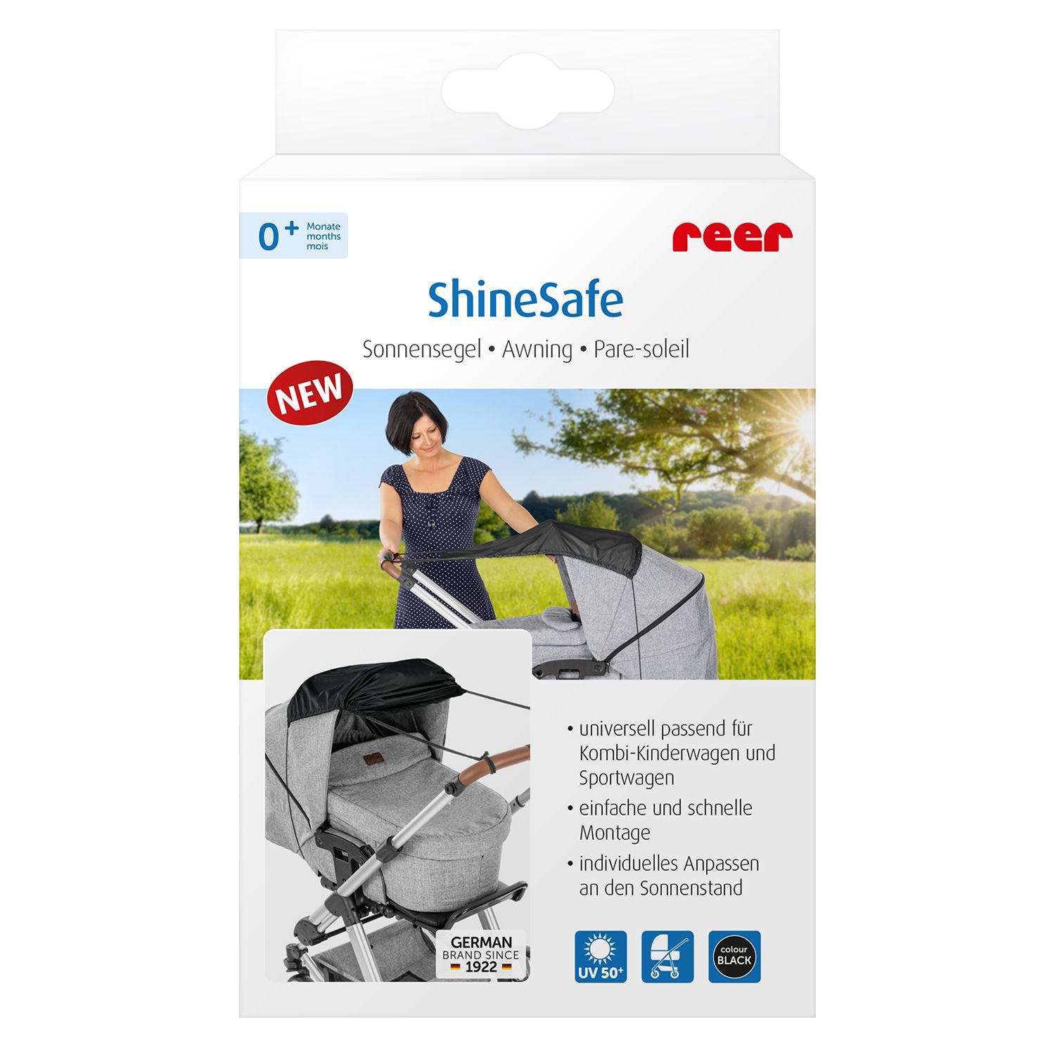 Shine Safe Universal Uvf50 Protection Pram Sunshade Awning - Black