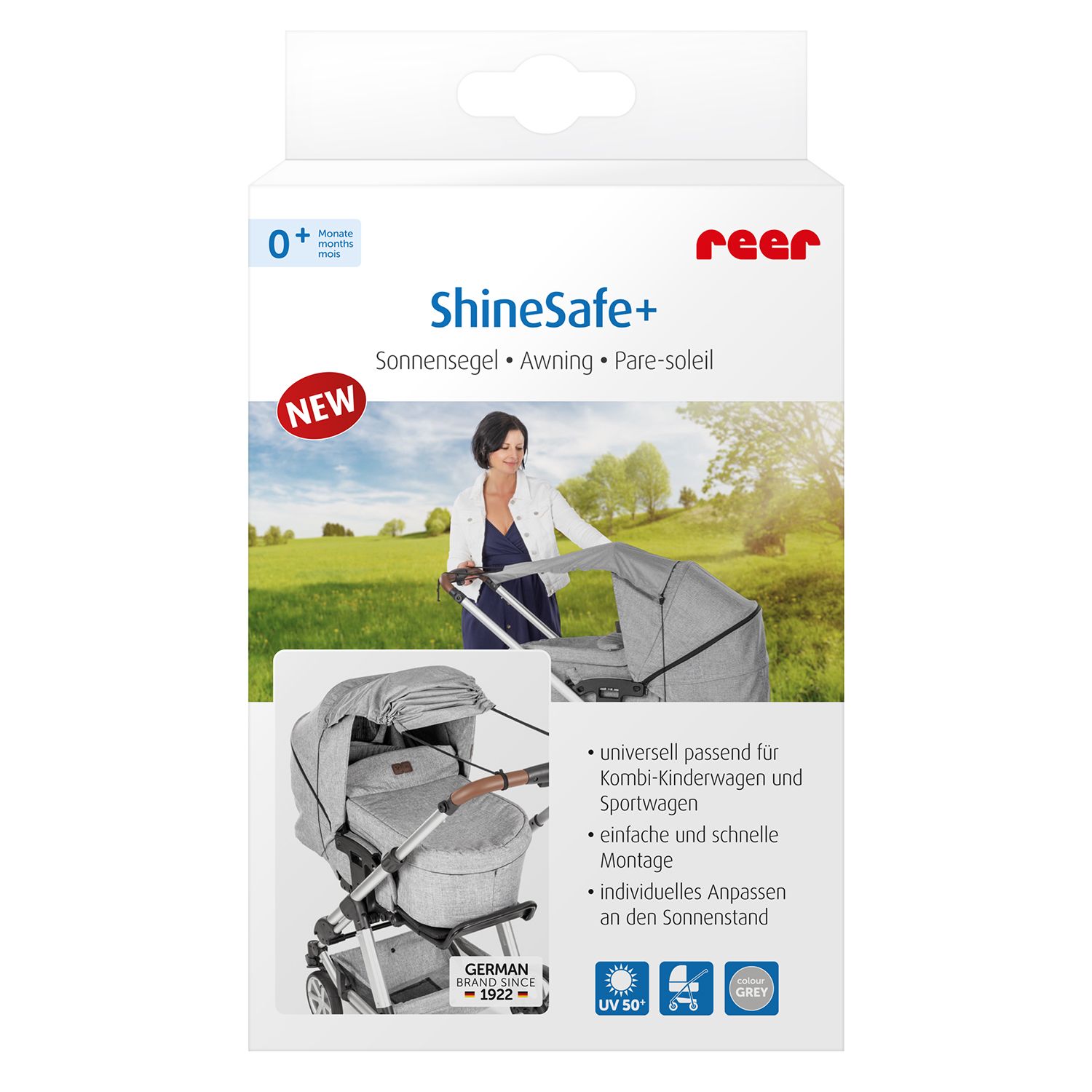 Shine Safe Universal Uvf50 Protection Pram Sunshade Awning - Grey