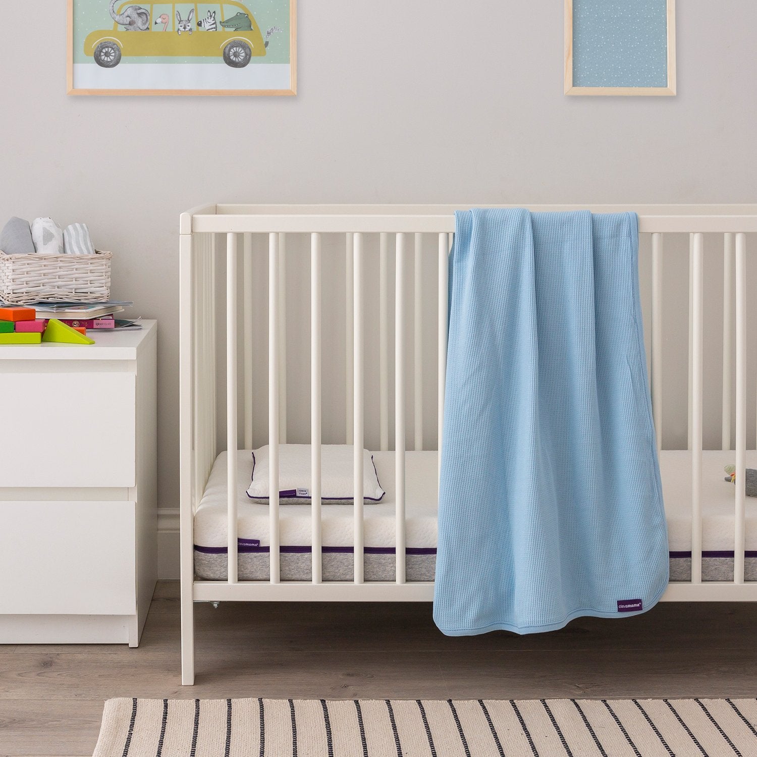 Clevamama Waffle Weave Cotton Baby Blanket Cot & Cot Bed 120X140Cm Blue