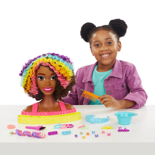 Barbie Styling Head Curly Brown Rainbow Hair