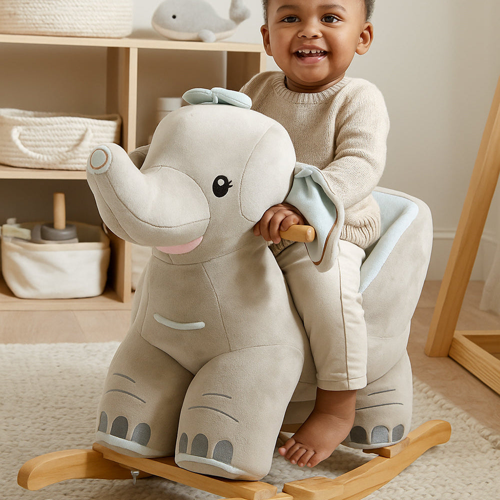 Babylo Rocking Elephant With Sound - Grey On Wooden Rocket