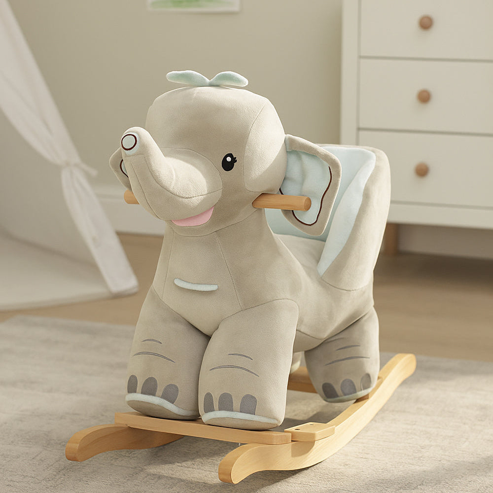 Babylo Rocking Elephant With Sound - Grey On Wooden Rocket