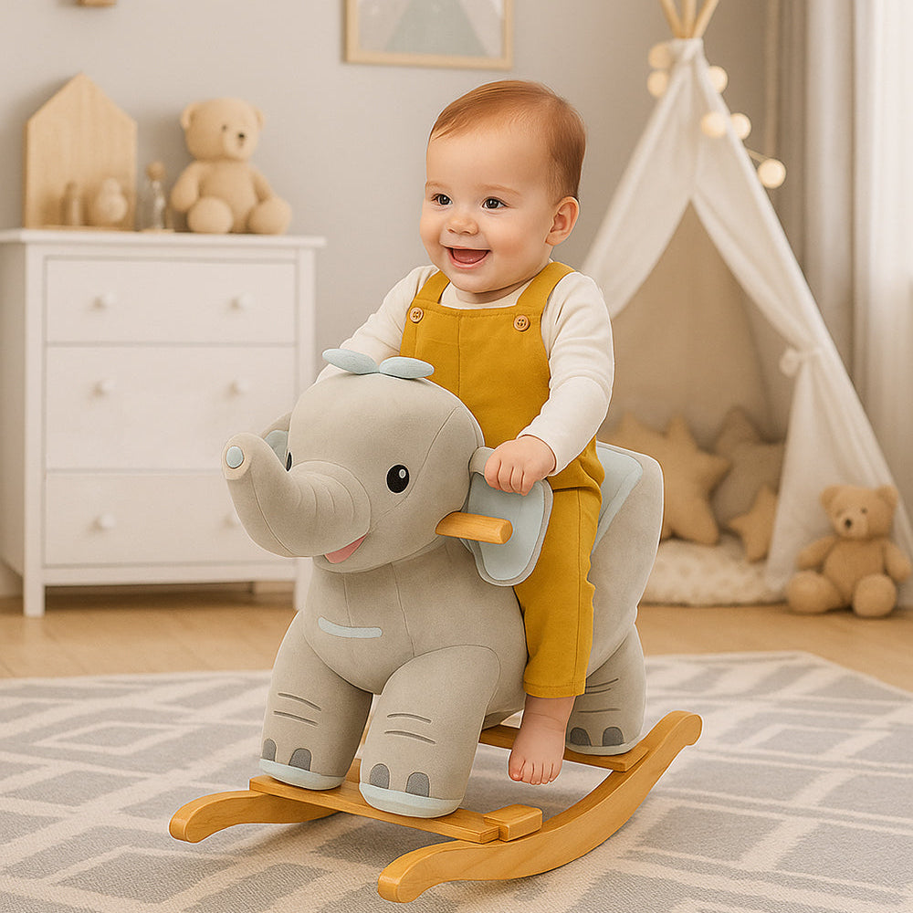 Babylo Rocking Elephant With Sound - Grey On Wooden Rocket