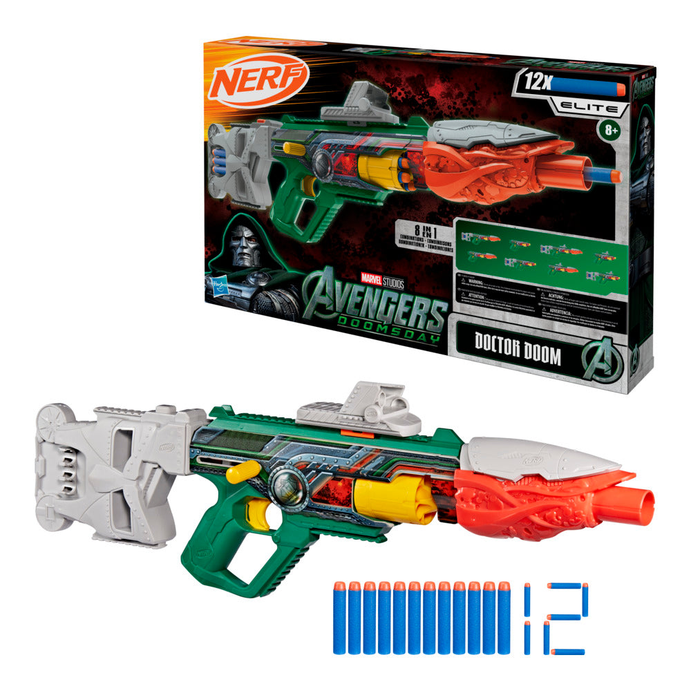 Nerf Marvel Doctor Doom Blaster With Scope, Barrel, Dart Storage Stock & 12 Nerf Elite Darts