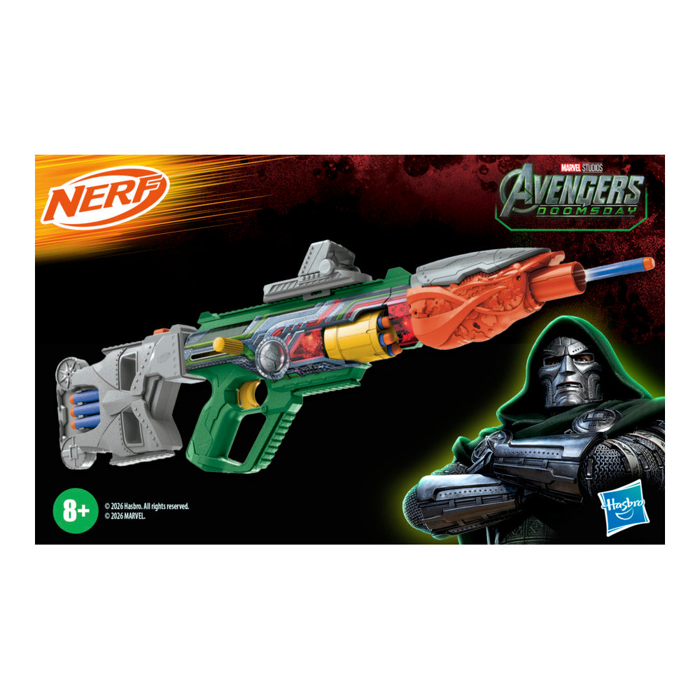 Nerf Marvel Doctor Doom Blaster With Scope, Barrel, Dart Storage Stock & 12 Nerf Elite Darts