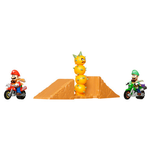 Hot Wheels Mario & Luigi Desert Jump Track Set With 1:64 Scale Mario And Luigi Motorcycles And 1 Ramp With A Knock-Down Pokey