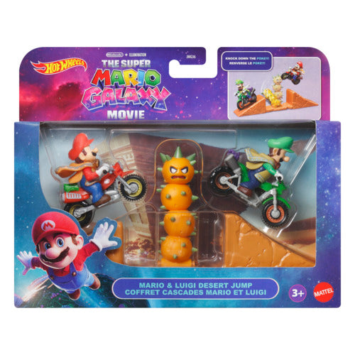 Hot Wheels Mario & Luigi Desert Jump Track Set With 1:64 Scale Mario And Luigi Motorcycles And 1 Ramp With A Knock-Down Pokey