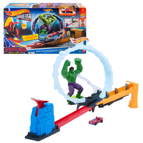 Hot Wheels Superstar Speeders Spider-Man & Hulk Smash Down Track Set