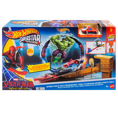 Hot Wheels Superstar Speeders Spider-Man & Hulk Smash Down Track Set