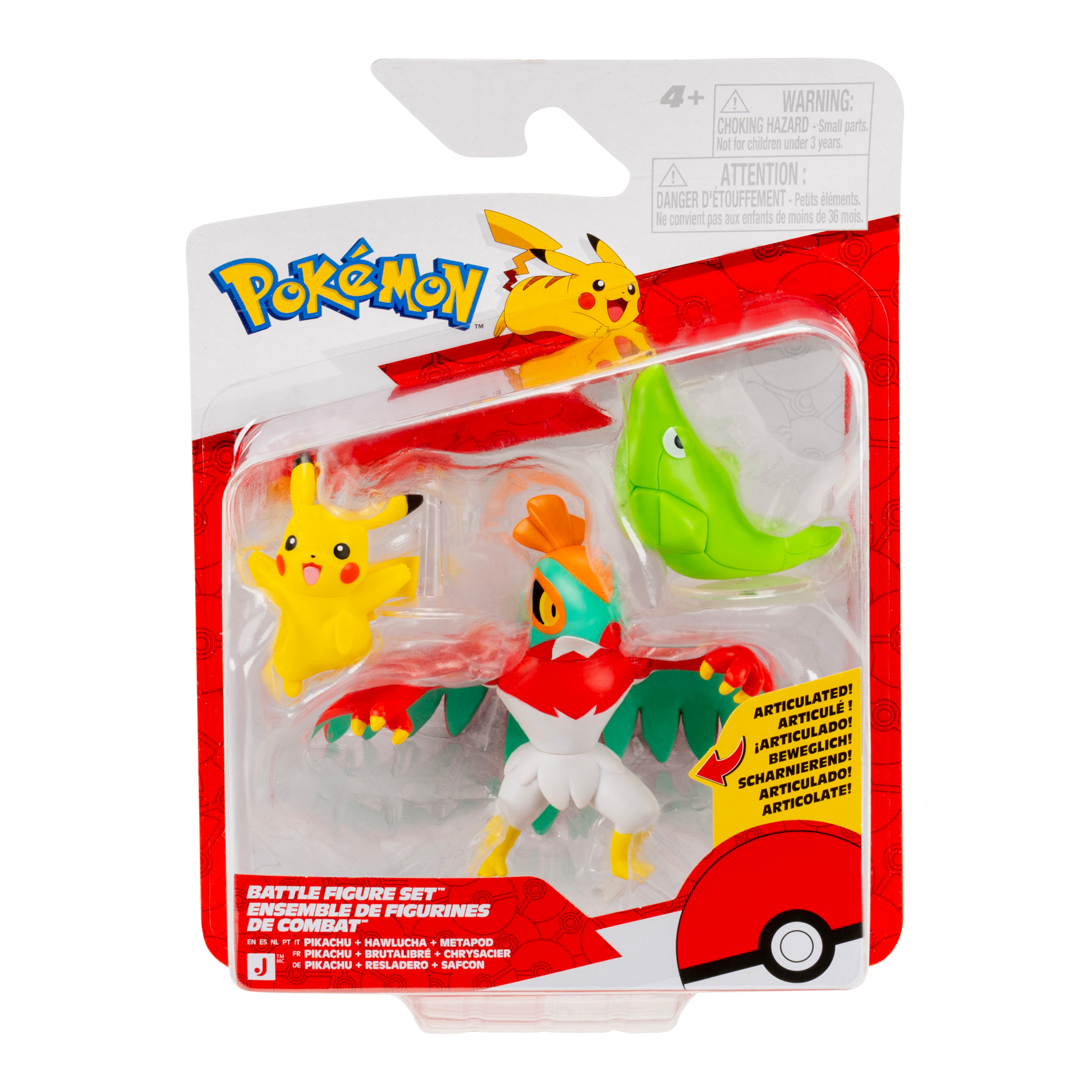 Pokémon Battle Figure 3 Pack - Features 2-Inch Metapod (With Stand) And Pikachu Plus 3-Inch Hawlucha Battle Figures