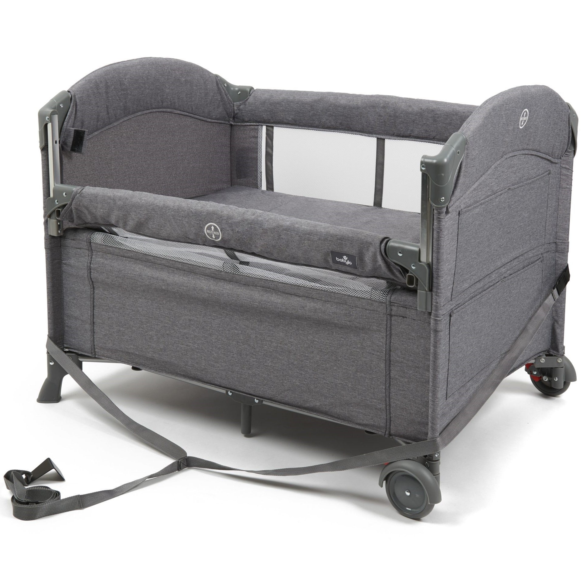 Gray baby crib with wheels on a white background