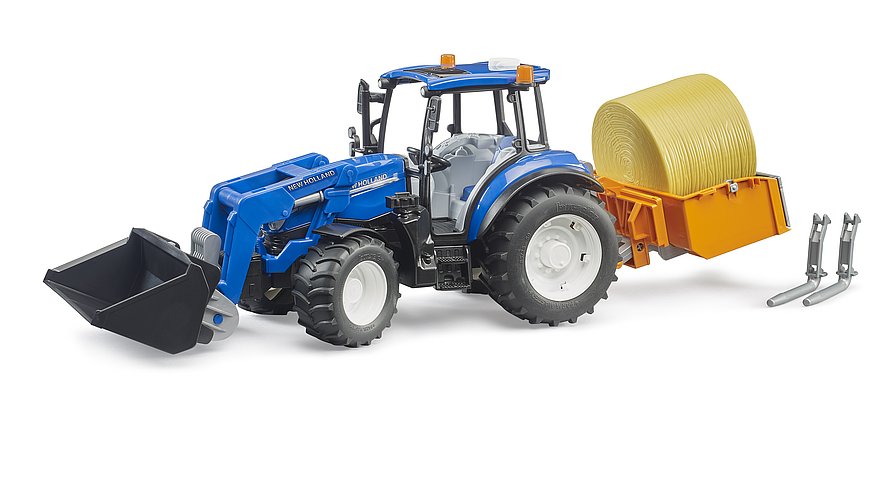 Bruder New Holland T5.120 With Slip-On Frontloader, Dump Box And Forks