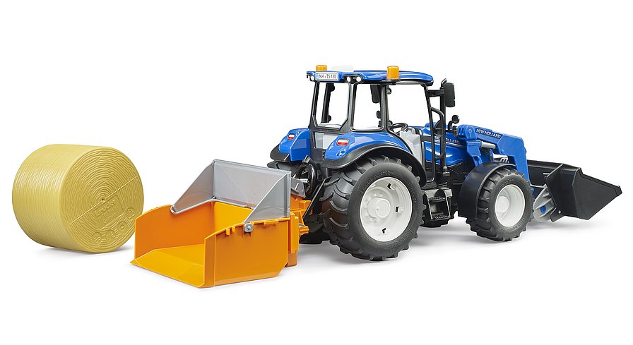 Bruder New Holland T5.120 With Slip-On Frontloader, Dump Box And Forks